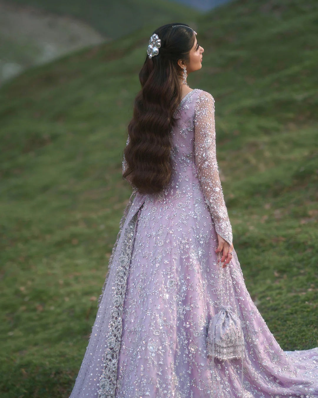 Royal Pakistani Bridal Dress in Open Gown and Lehenga Style