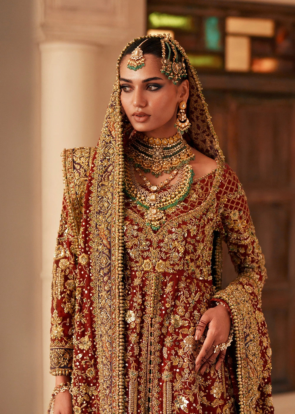 Royal Pakistani Bridal Dress in Open Gown and Lehenga Style