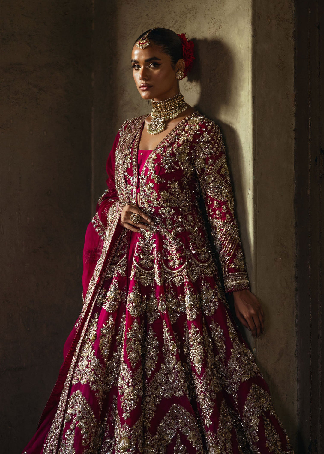 Royal Pakistani Bridal Dress in Open Gown and Lehenga Style