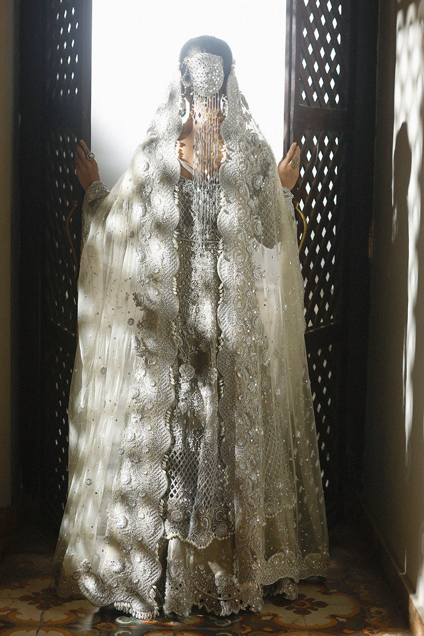 Royal Pakistani Bridal Dress in Open Gown and Lehenga Style