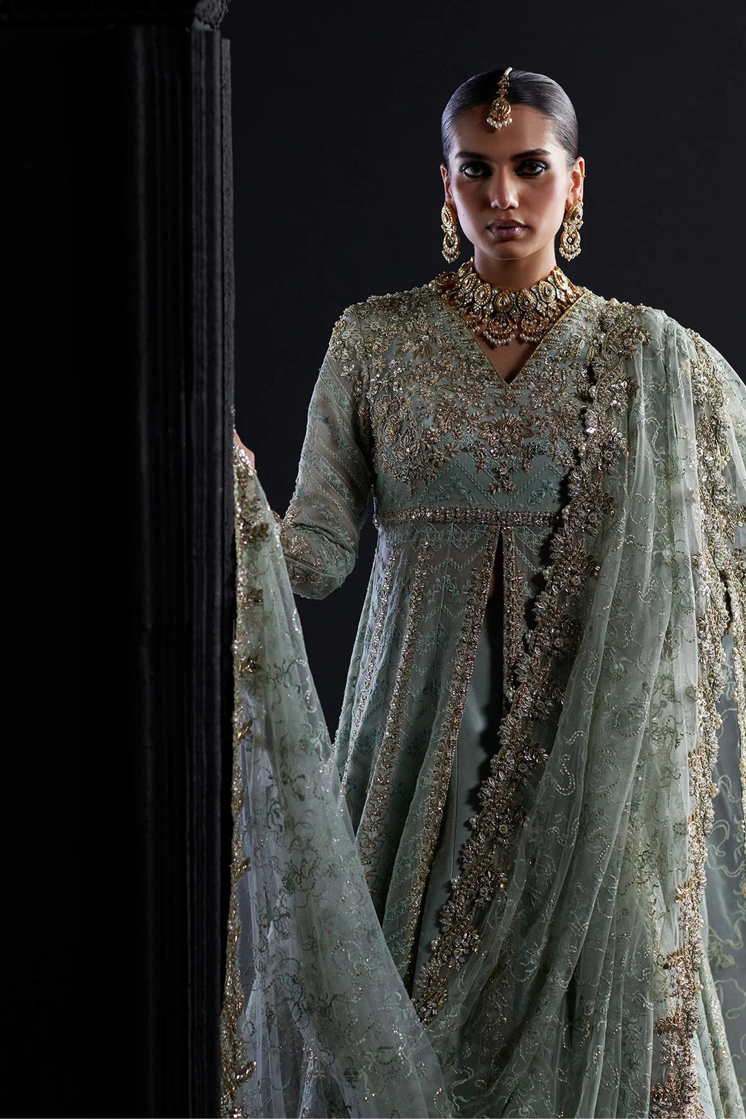 Royal Pakistani Bridal Dress in Open Pishwas Lehenga Style