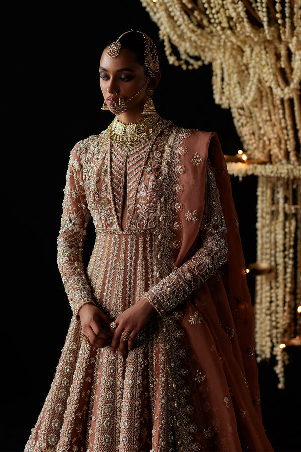 Royal Pakistani Bridal Dress in Peach Pishwas Dupatta Style
