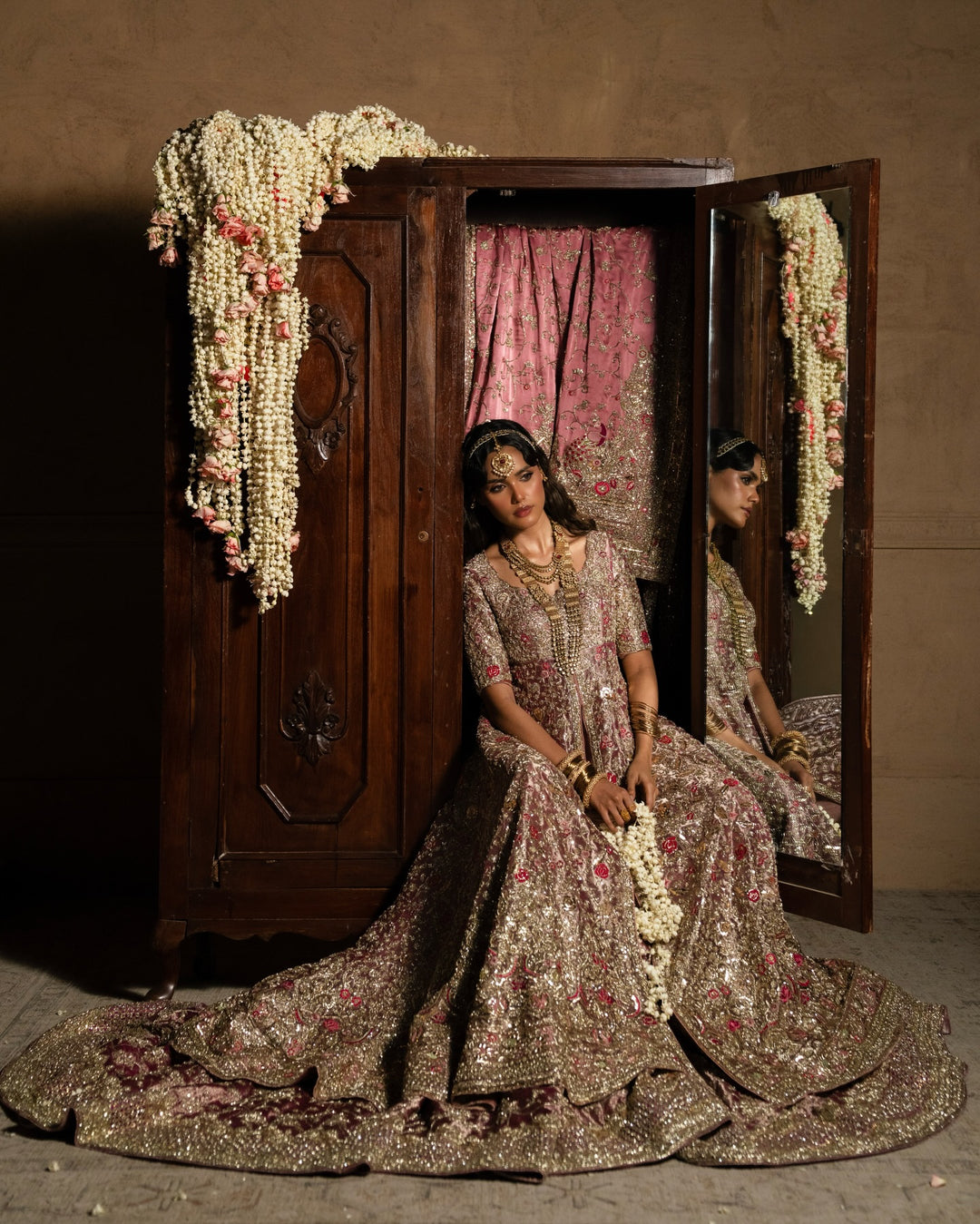 Royal Pakistani Bridal Dress in Pink Gown and Lehenga Style
