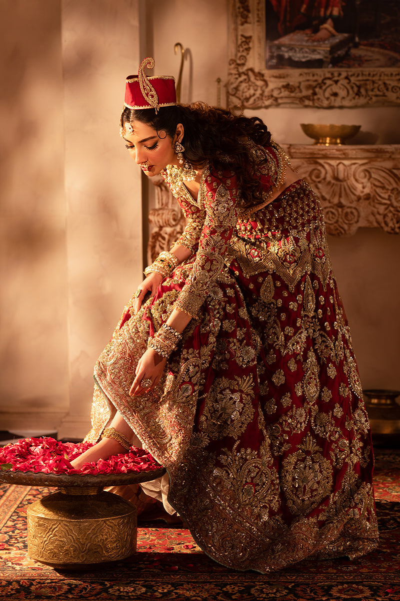 Royal Pakistani Bridal Dress in Red Choli and Lehenga Style