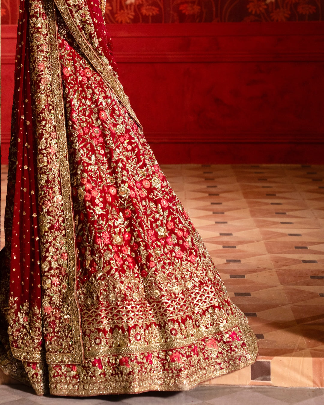 Royal Pakistani Bridal Dress in Red Choli and Lehenga Style