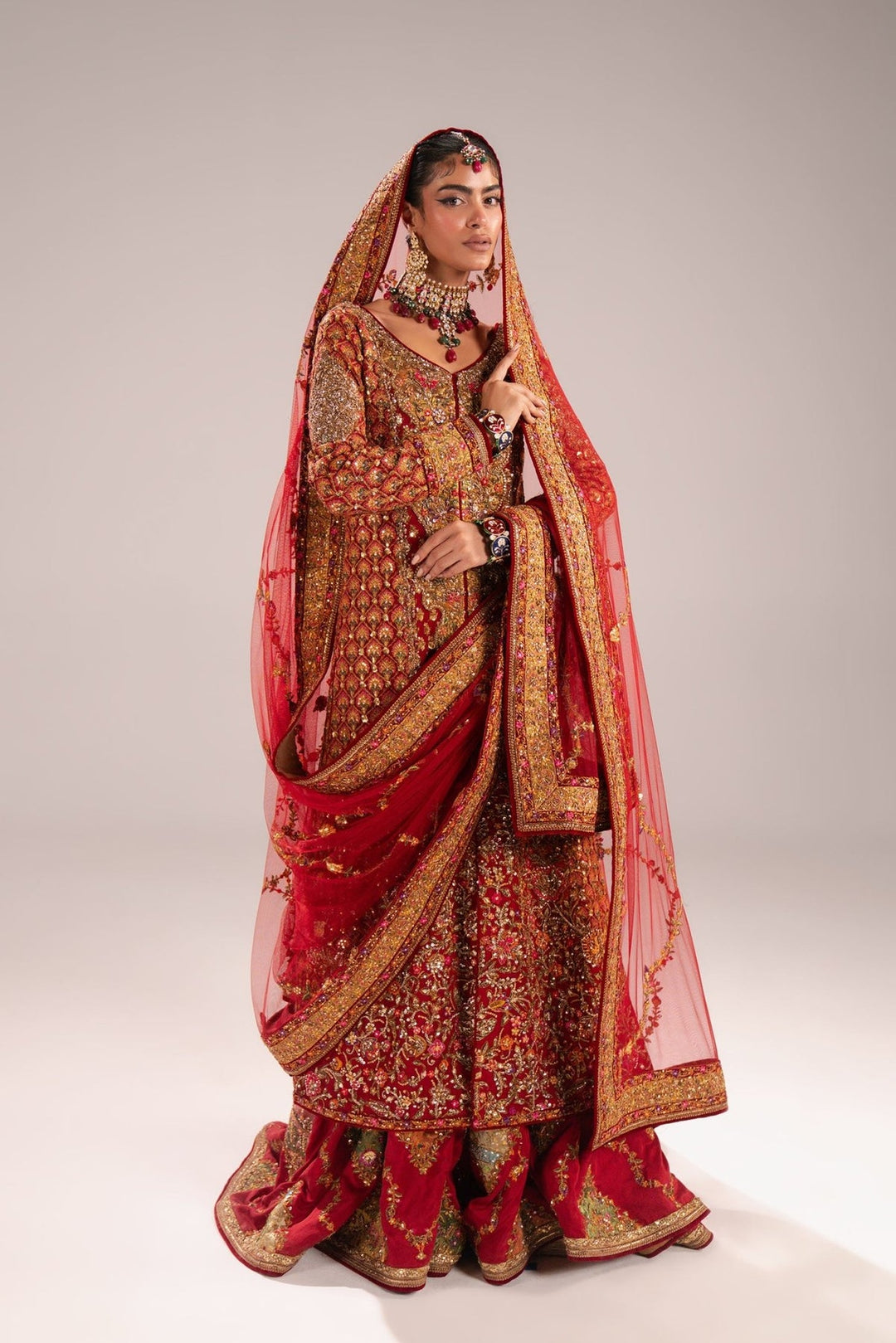 Royal Pakistani Bridal Dress in Red Gharara and Kameez Style