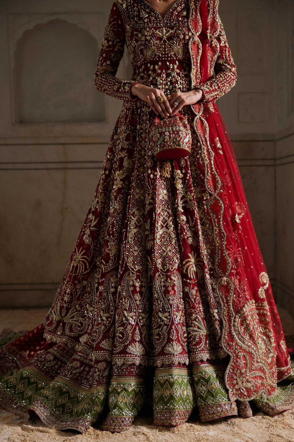 Royal Pakistani Bridal Dress in Red Gown and Lehenga Style