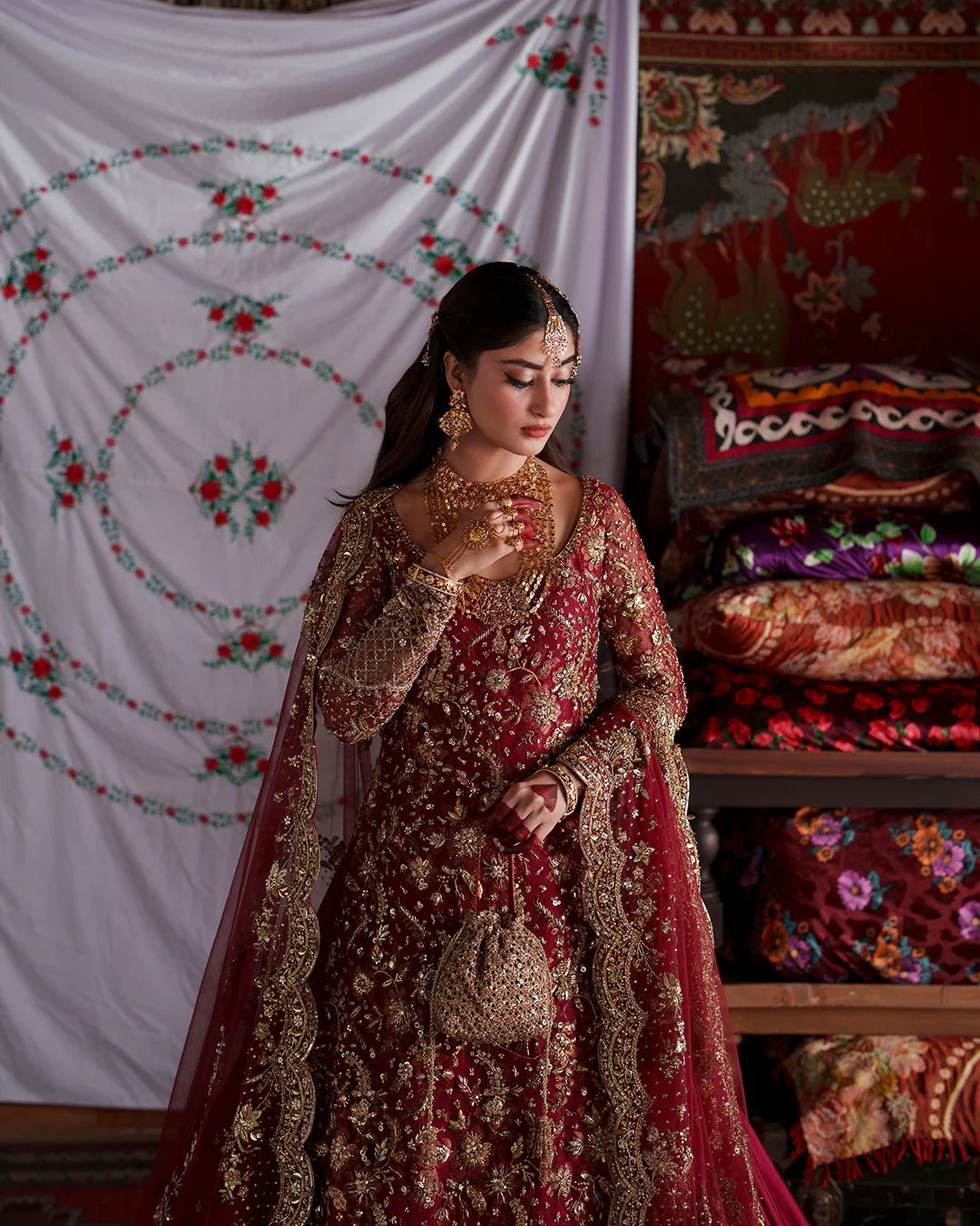 Royal Pakistani Bridal Dress in Red Lehenga Kameez Style