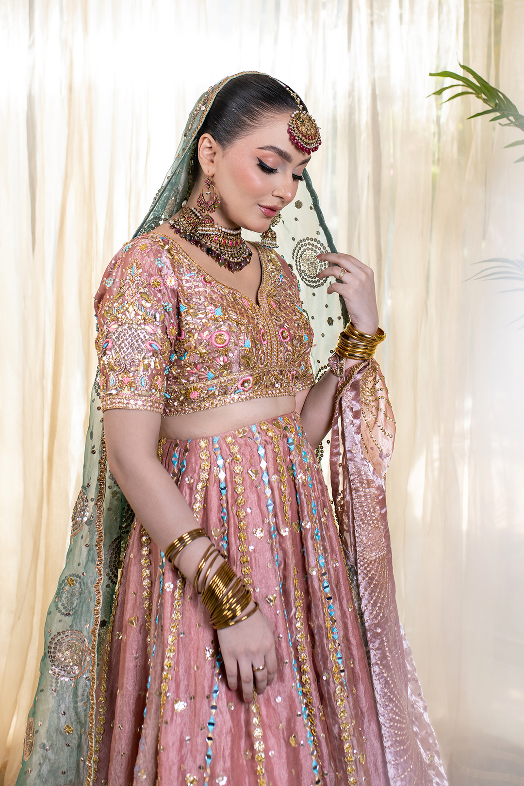 Royal Pakistani Bridal Dress in Tissue Choli Lehenga Style
