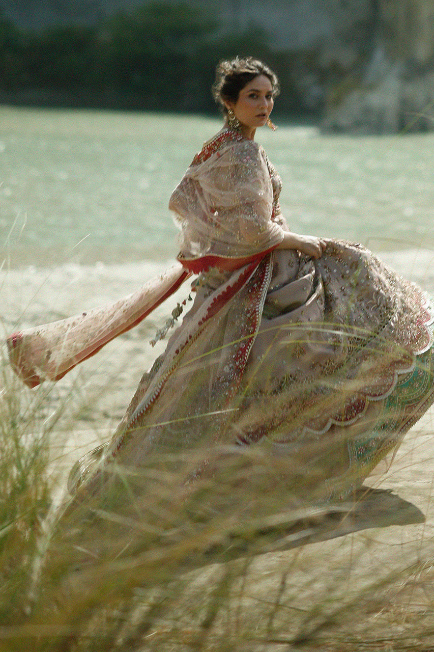 Royal Pakistani Bridal Dress in Tissue Pishwas Lehenga Style