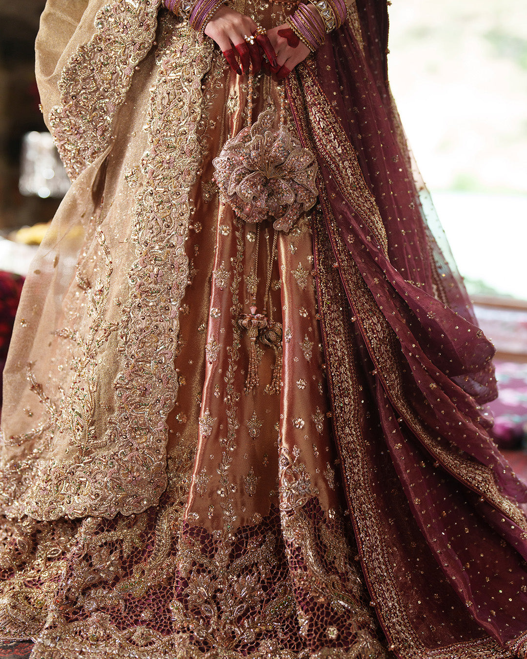 Royal Pakistani Bridal Dress in Tissue Shirt Lehenga Style