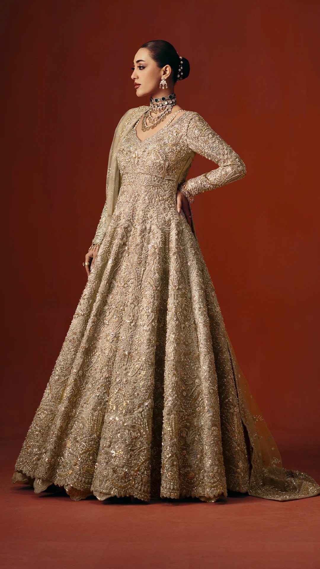 Royal Pakistani Bridal Dress in Wedding Gown Dupatta Style