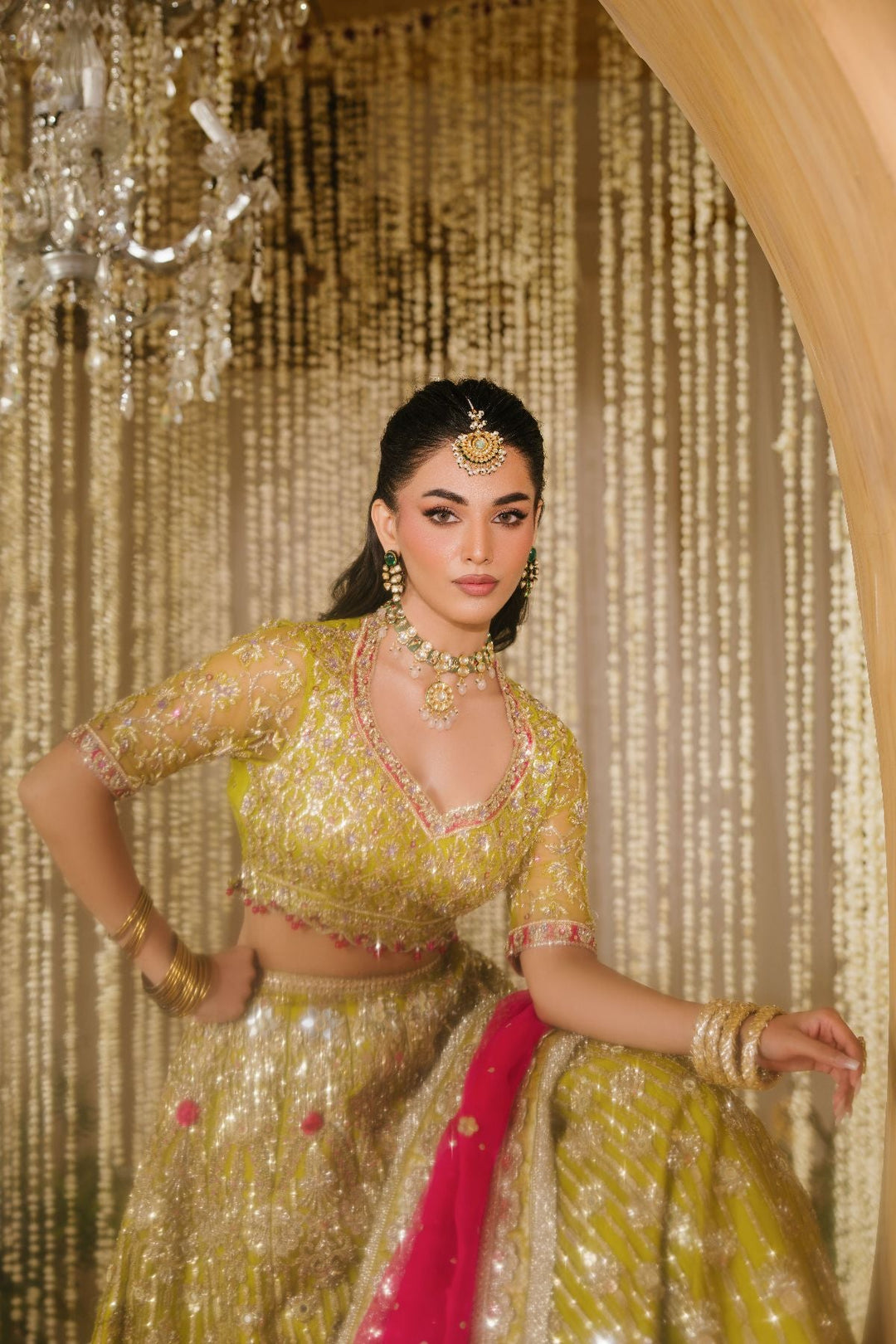 Royal Pakistani Bridal Mehndi Outfit in Choli Lehenga Style