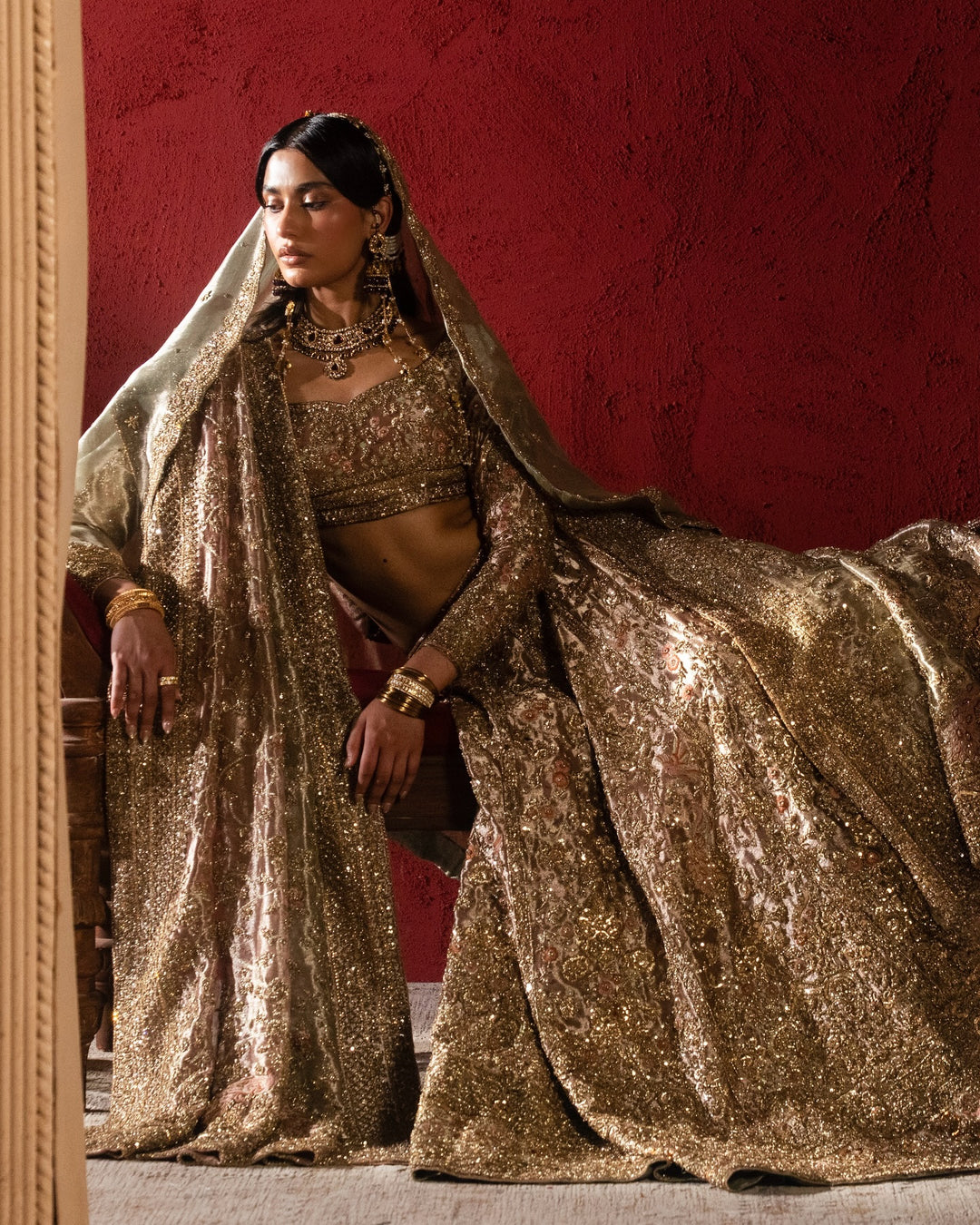 Royal Pakistani Bridal Outfit in Choli Lehenga Dupatta Style
