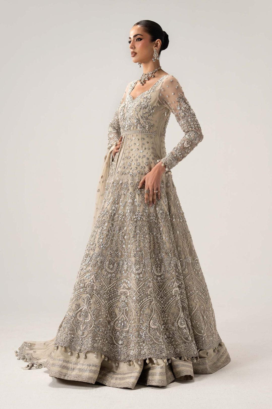 Royal Pakistani Bridal Outfit in Ivory Net Open Gown Style