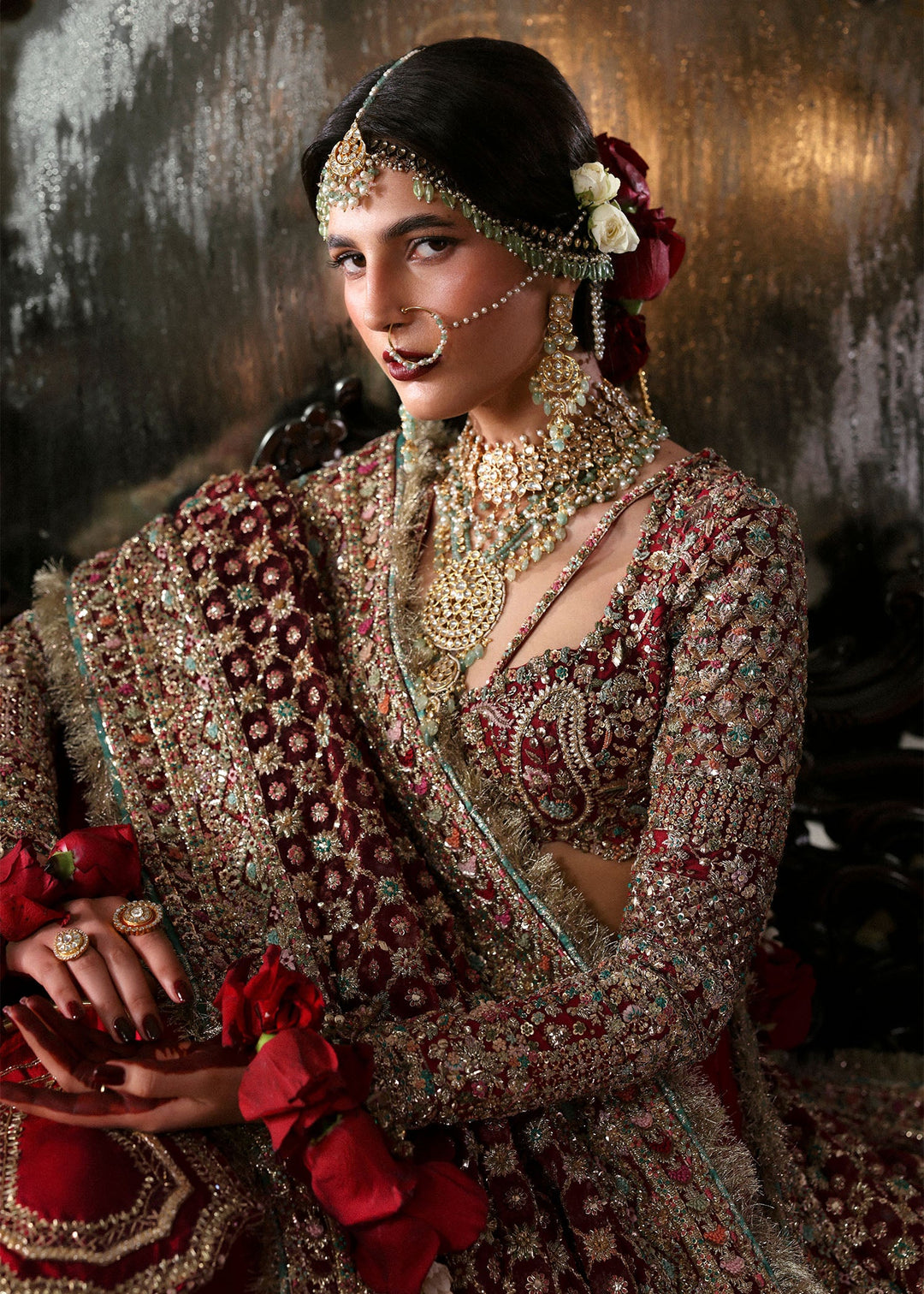 Royal Pakistani Bridal Outfit in Red Choli Lehenga Style