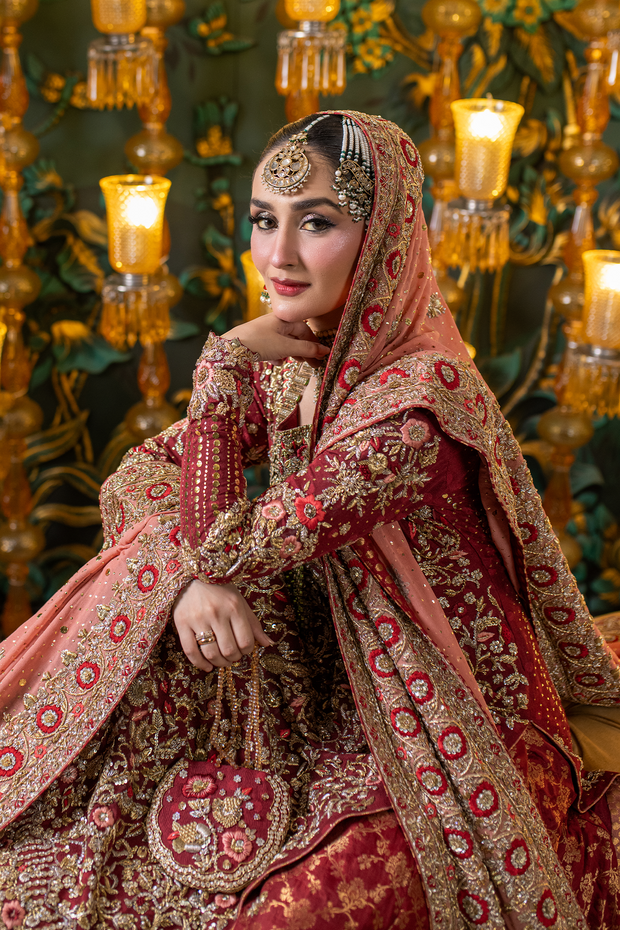 Pakistani Bridal Outfit in Red Kameez Lehenga Style – Nameera by Farooq
