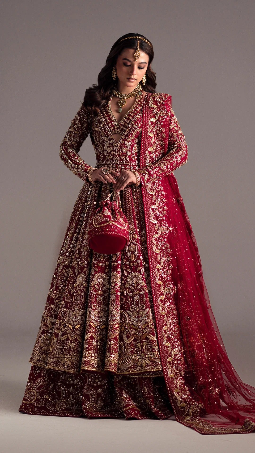 Royal Pakistani Bridal Wedding Dress in Red Pishwas Style