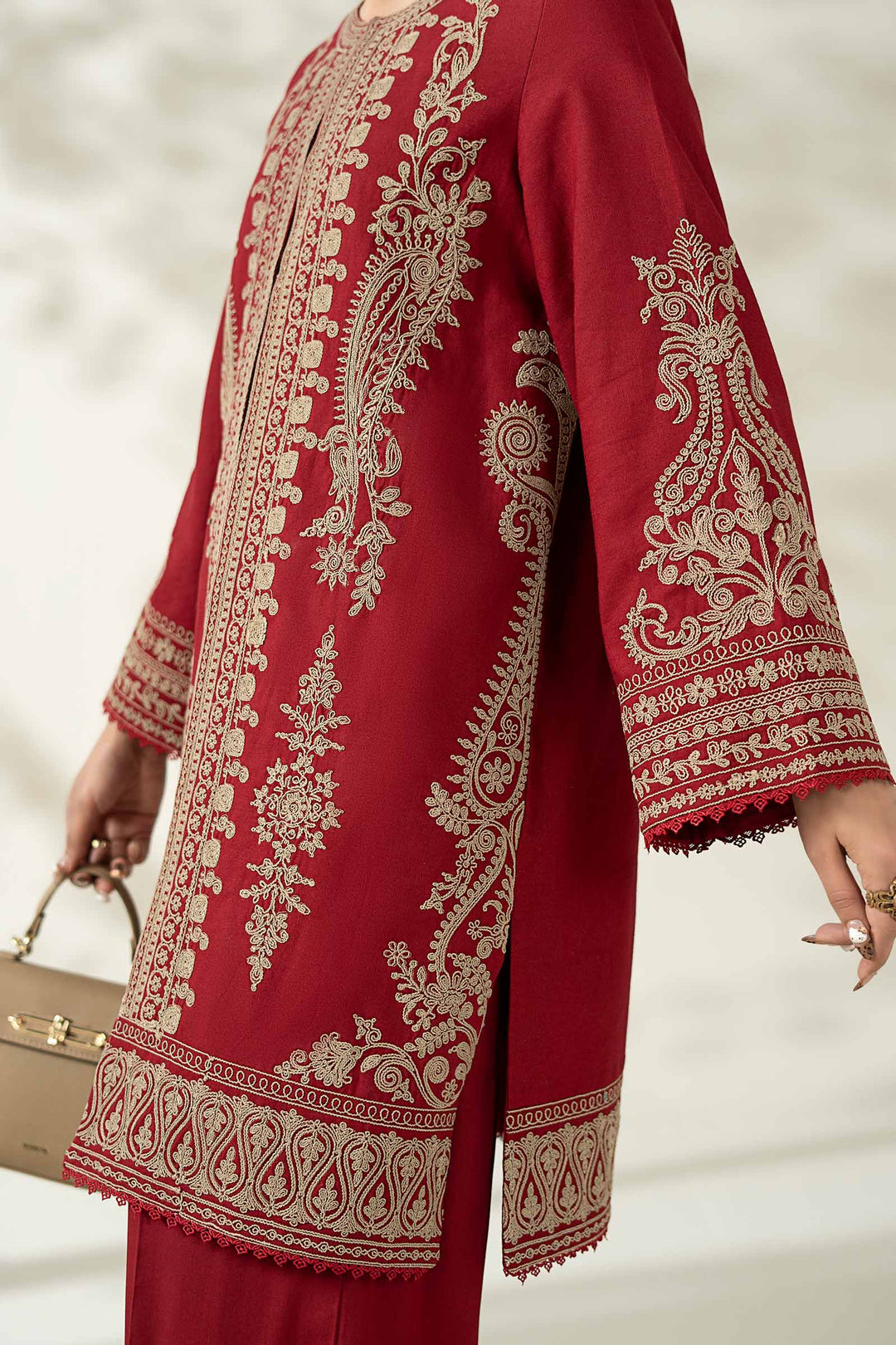 Royal Pakistani Party Wear in Maroon Khaddar Suit Style Online