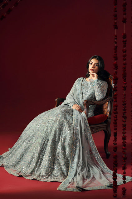 Royal Pakistani Wedding Dress in Blue Pishwas Frock Style