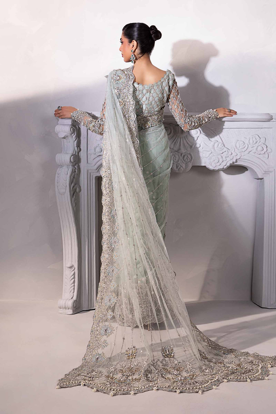 Elegant Blue Pakistani Bridal Dress - Saree Style