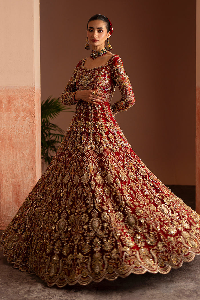 Royal Red Pakistani Bridal Dress in Gown and Dupatta Style