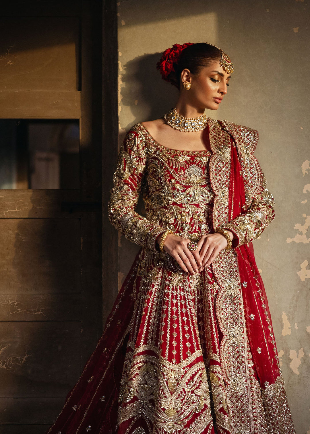 Royal Red Pakistani Bridal Gown Dupatta and Lehenga Dress
