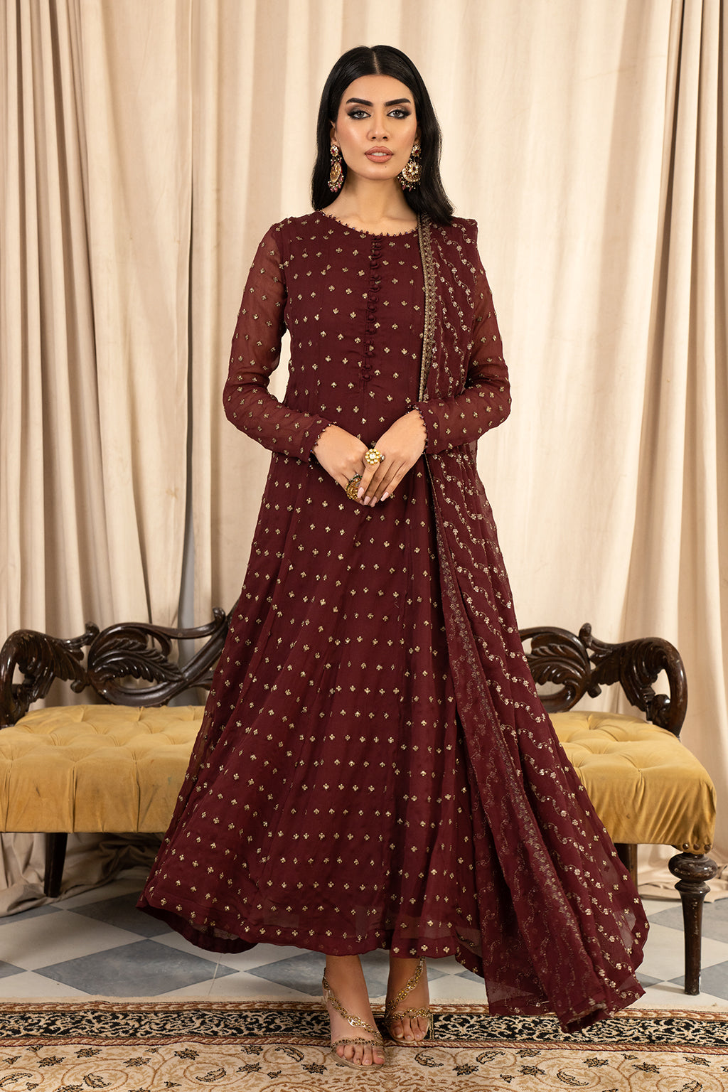 Rusty Brown Shade Pakistani Party Wear Long Frock – Nameera by Farooq