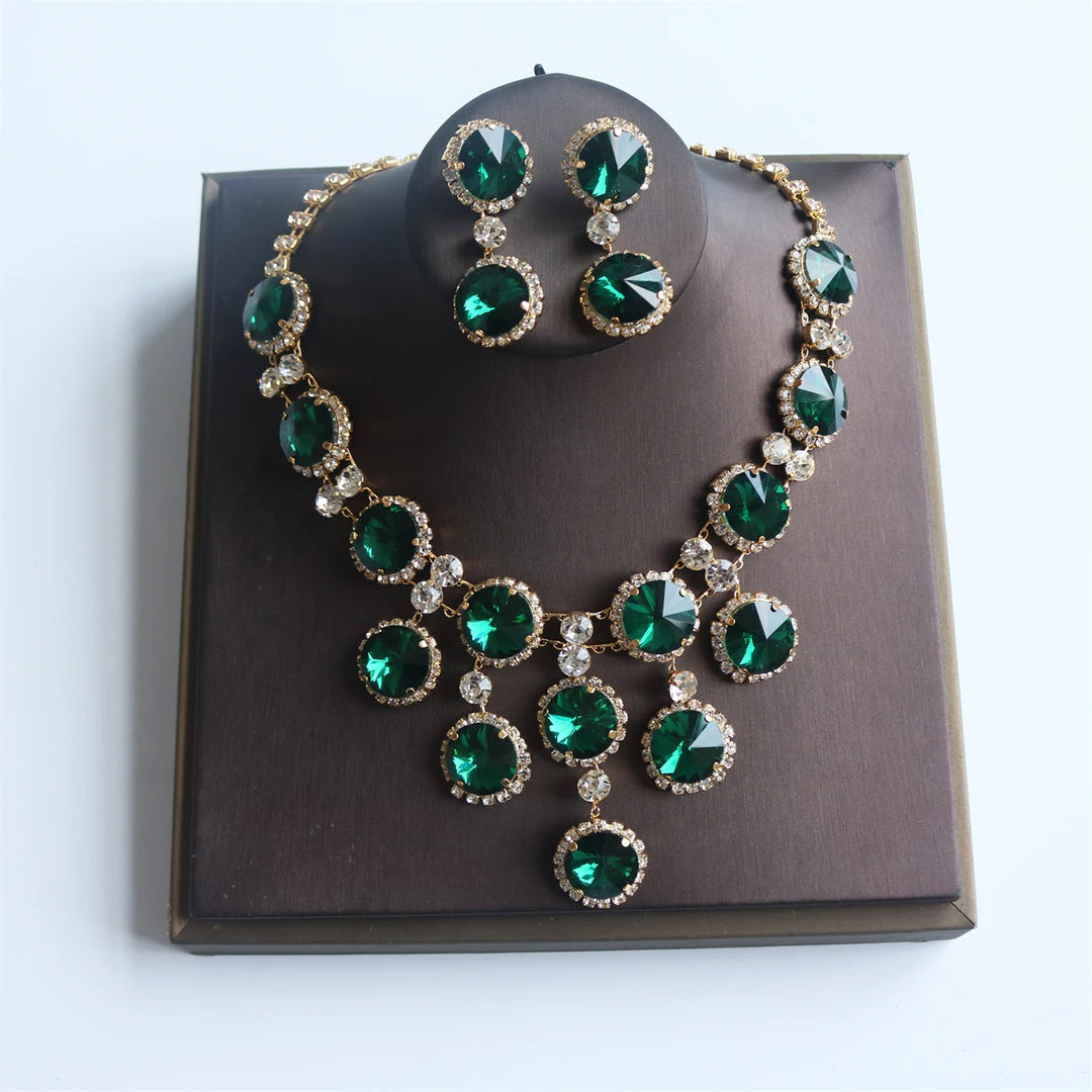Shiny Green Round Rhinestone Necklace Earrings Set Dress Accessories Wedding Women Elegant Crystal Bridal Jewelry Set Party Gift