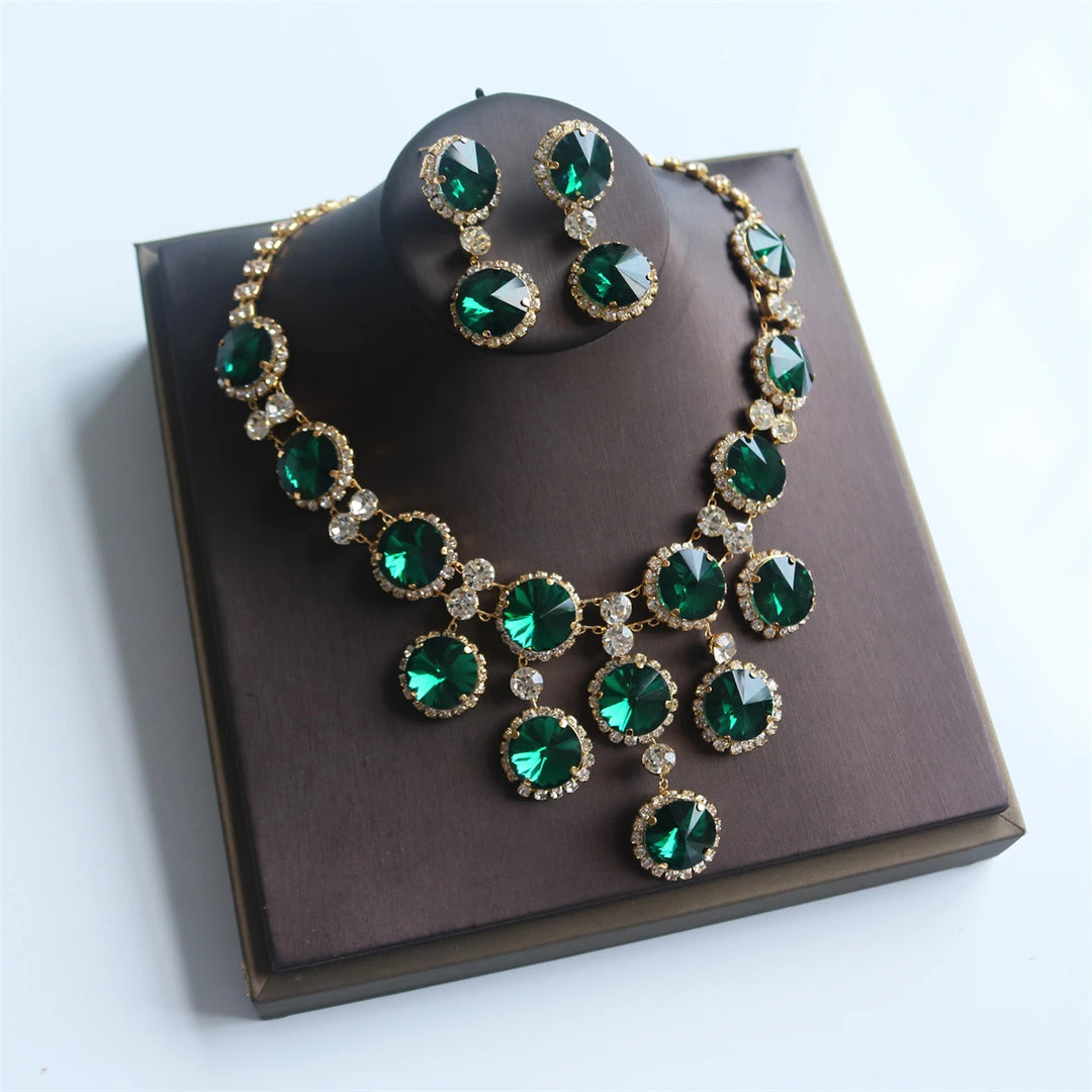 Shiny Green Round Rhinestone Necklace Earrings Set Dress Accessories Wedding Women Elegant Crystal Bridal Jewelry Set Party Gift