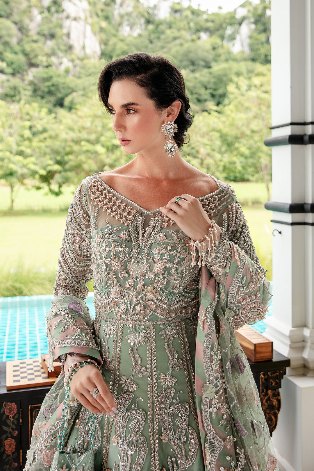 Light Ferozi Pakistani Bridal Dress with Silver Embroidery
