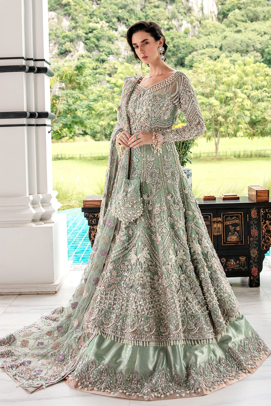 Light Ferozi Pakistani Bridal Dress with Silver Embroidery