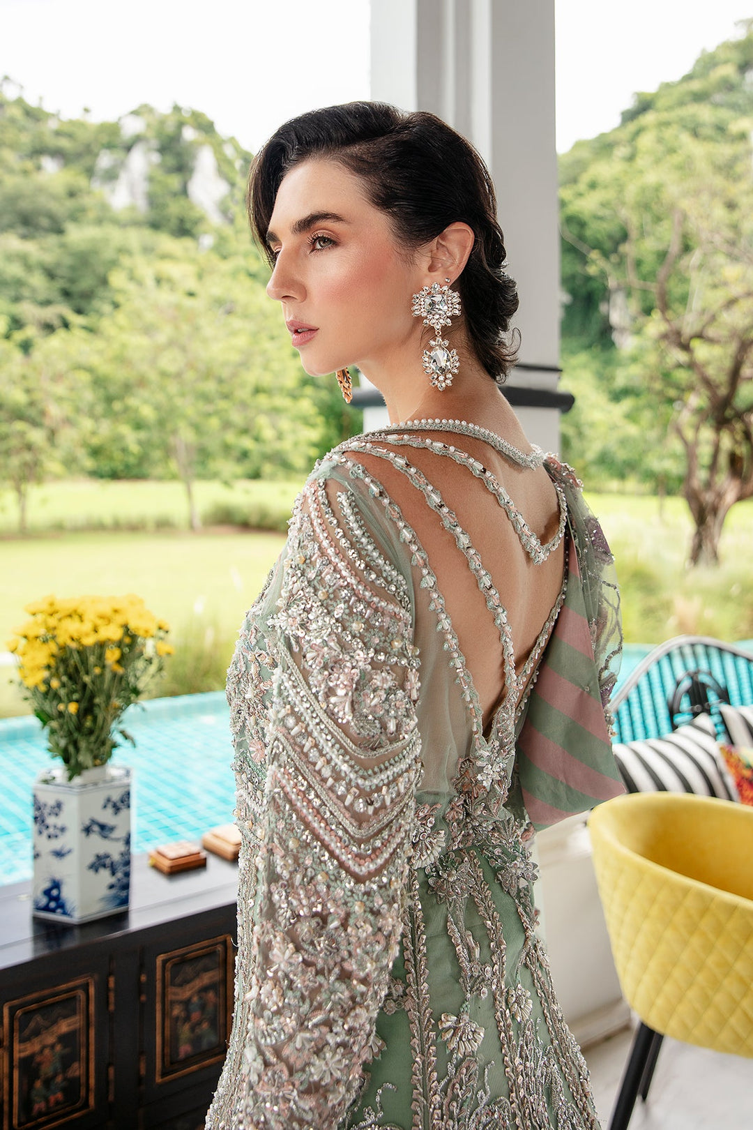 Light Ferozi Pakistani Bridal Dress with Silver Embroidery