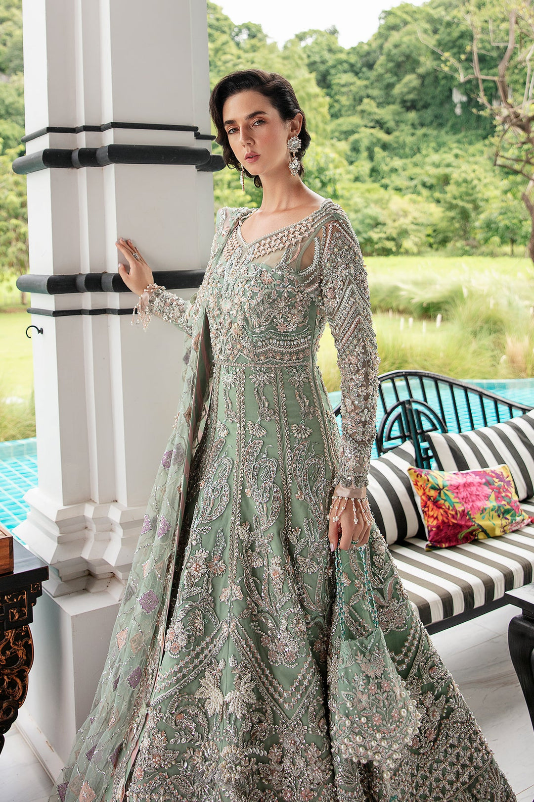 Light Ferozi Pakistani Bridal Dress with Silver Embroidery
