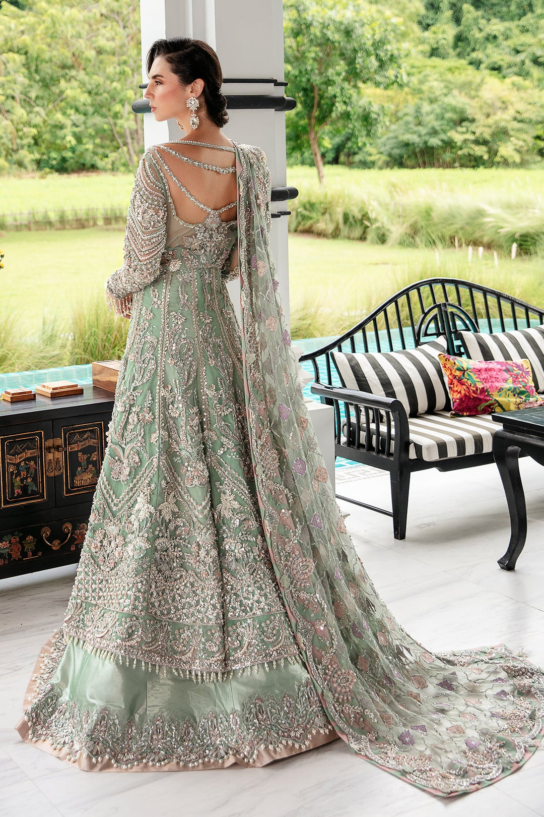 Light Ferozi Pakistani Bridal Dress with Silver Embroidery