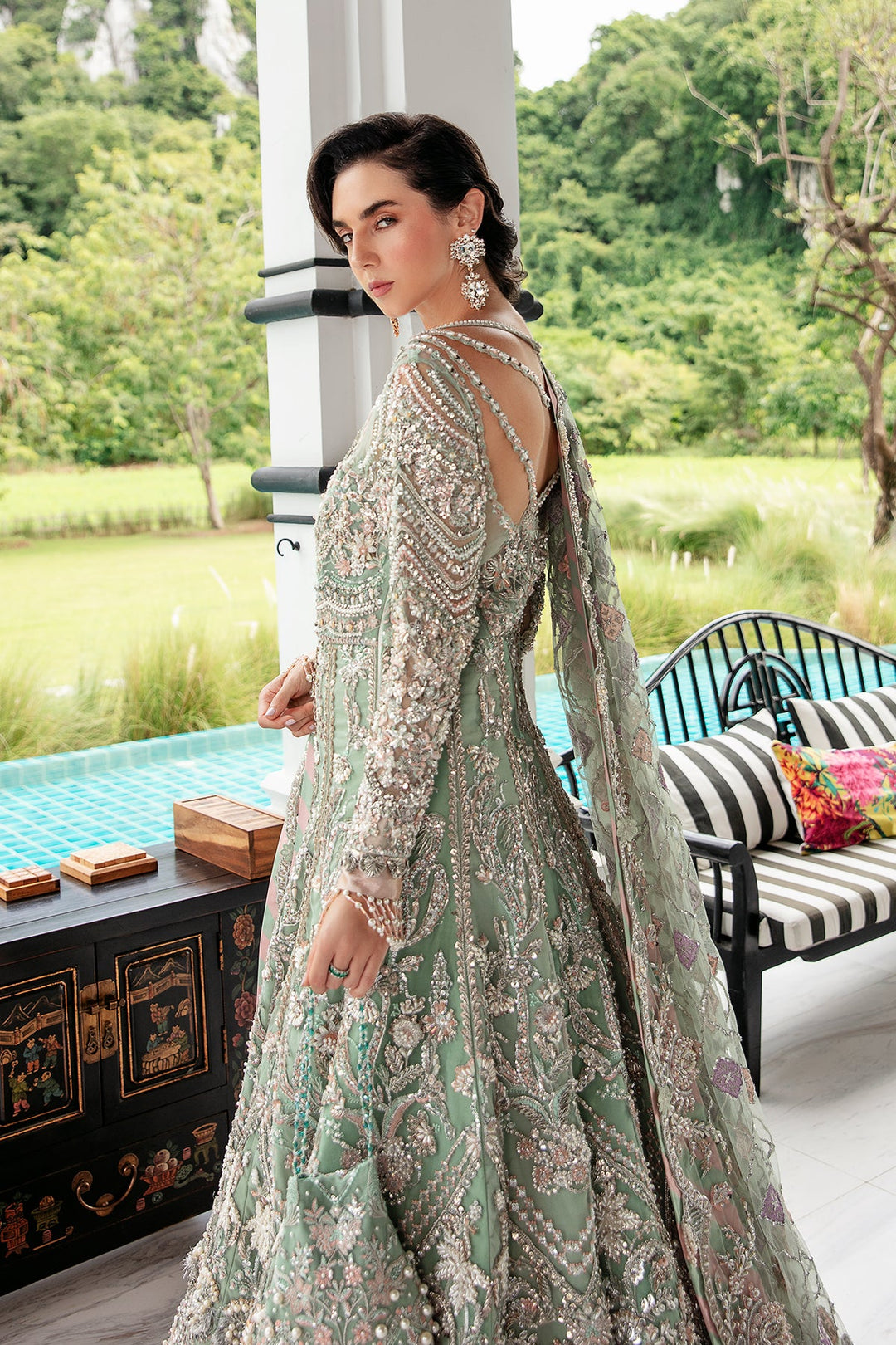 Light Ferozi Pakistani Bridal Dress with Silver Embroidery