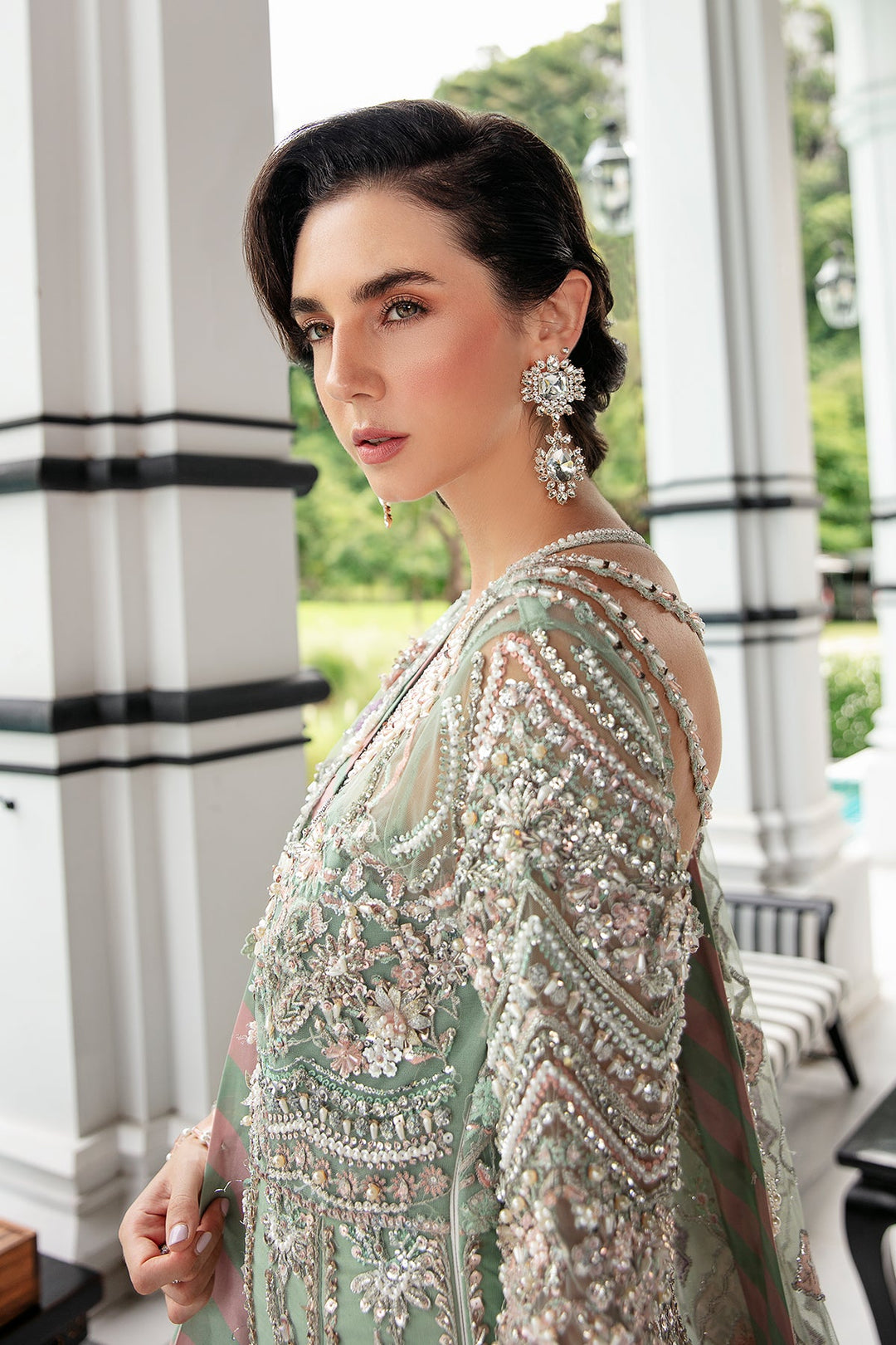 Light Ferozi Pakistani Bridal Dress with Silver Embroidery
