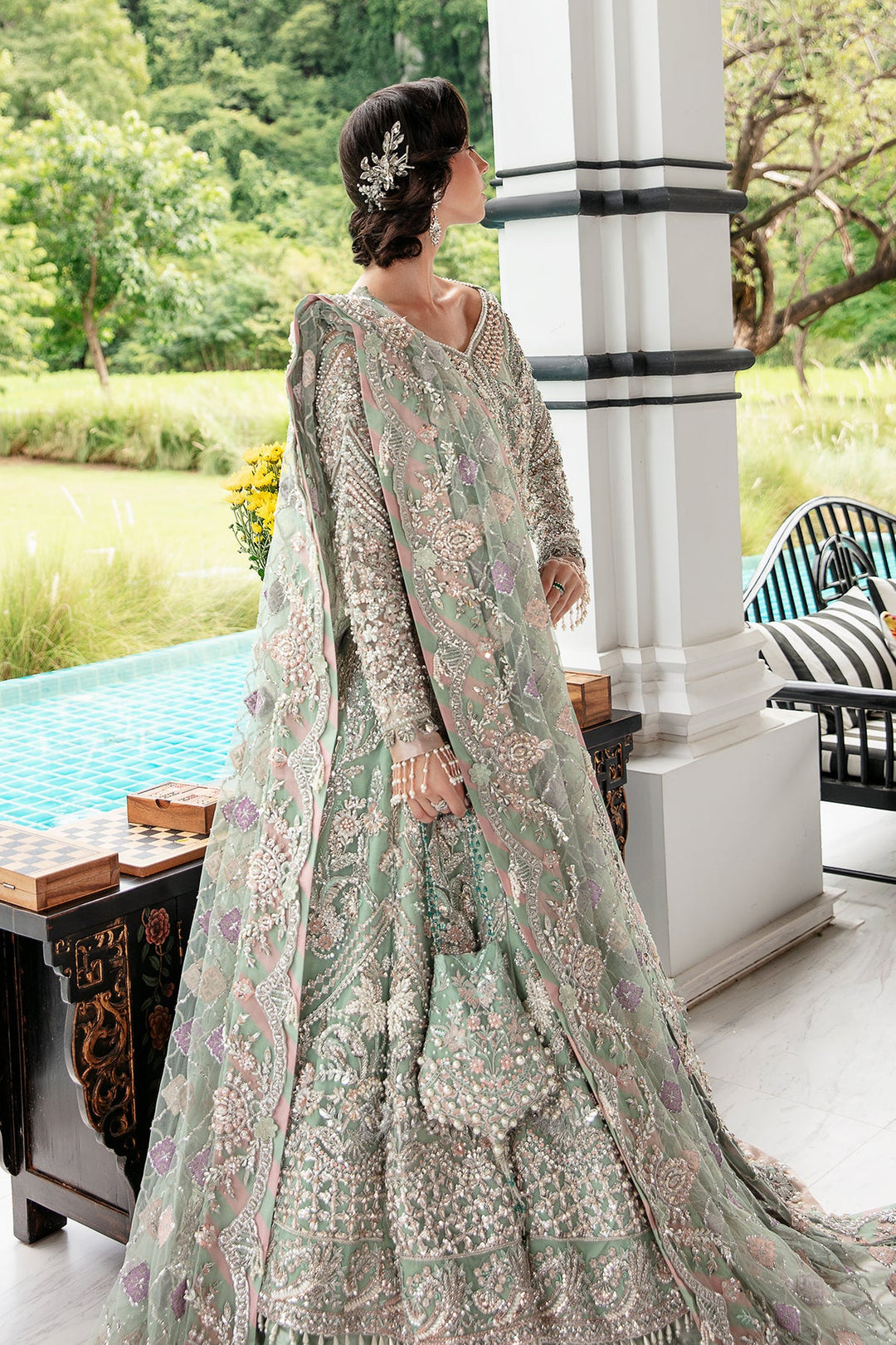 Light Ferozi Pakistani Bridal Dress with Silver Embroidery
