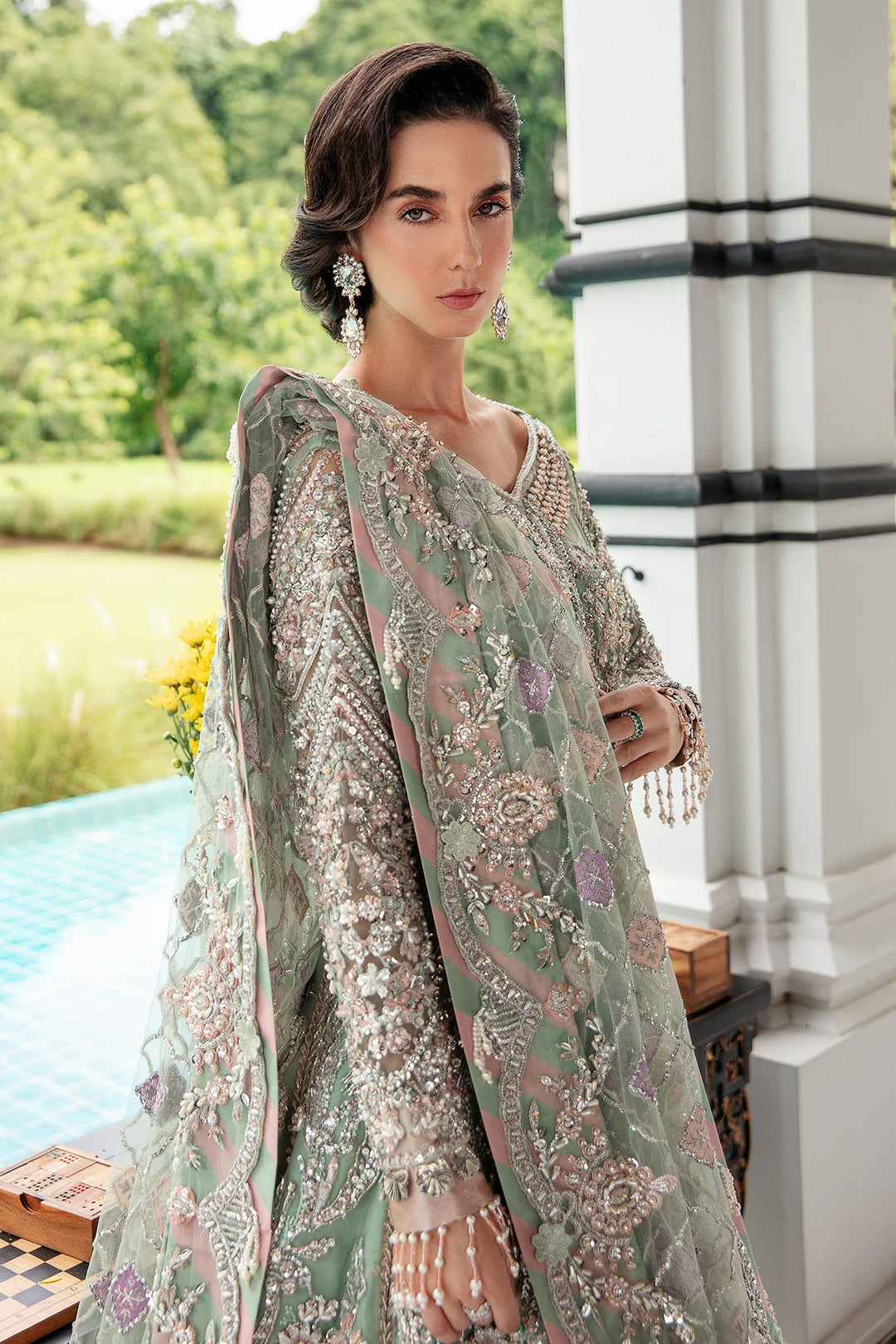Light Ferozi Pakistani Bridal Dress with Silver Embroidery