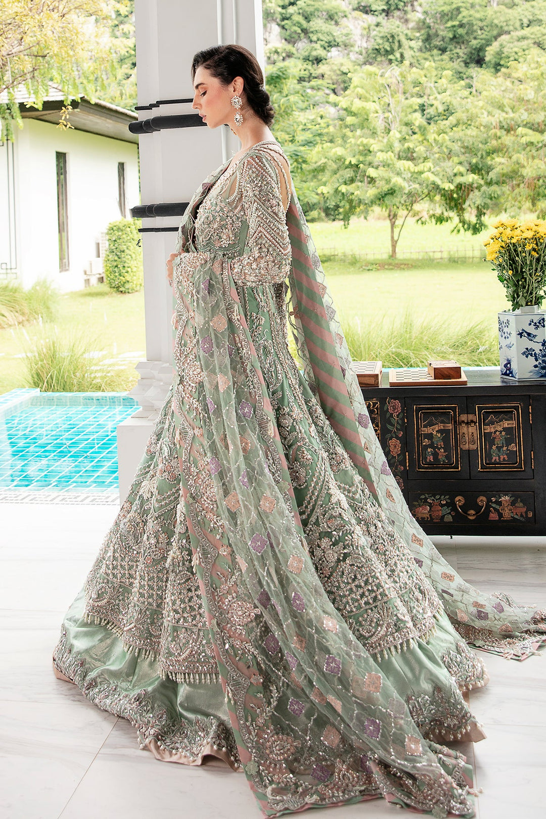 Light Ferozi Pakistani Bridal Dress with Silver Embroidery