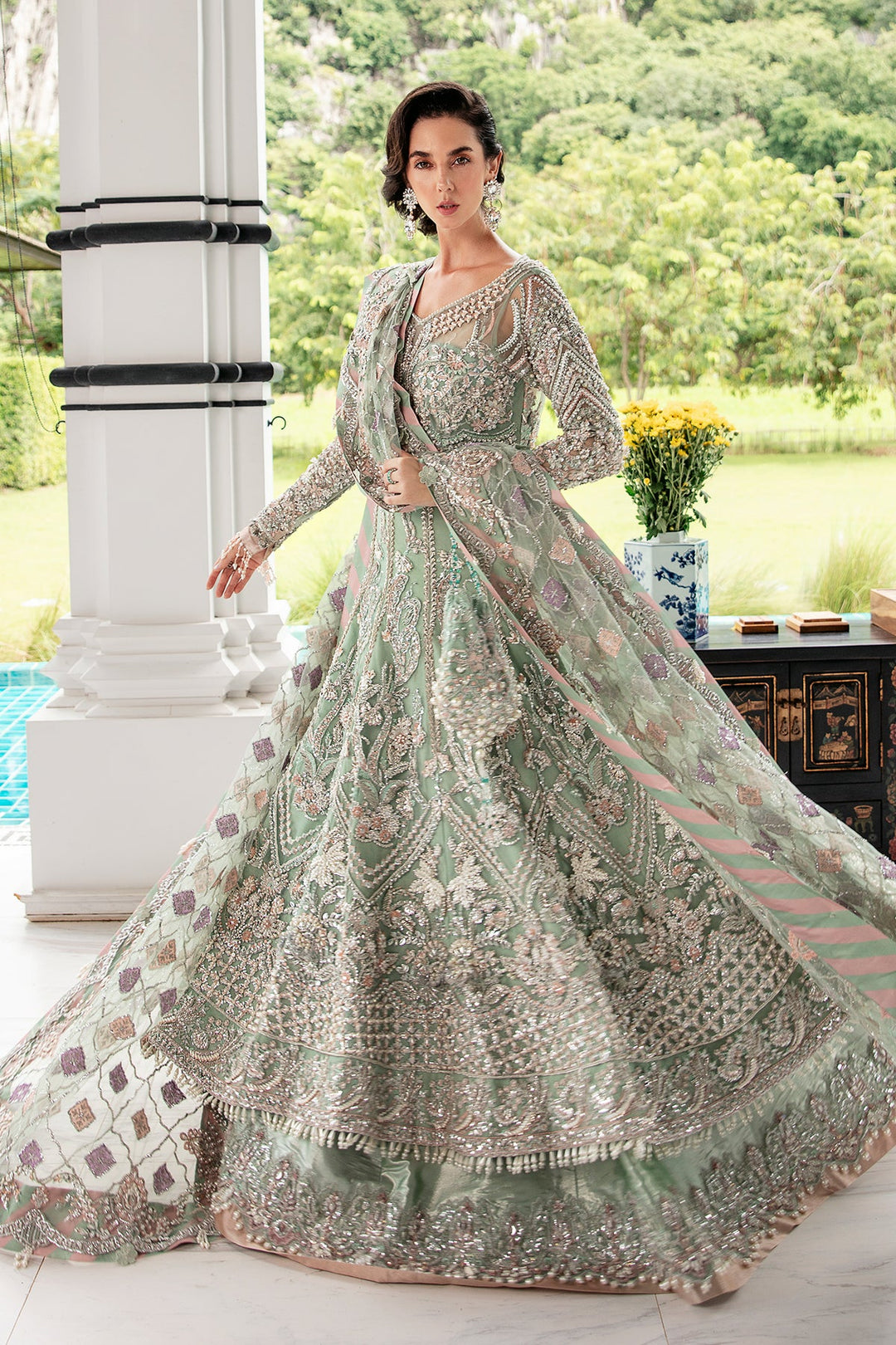 Light Ferozi Pakistani Bridal Dress with Silver Embroidery