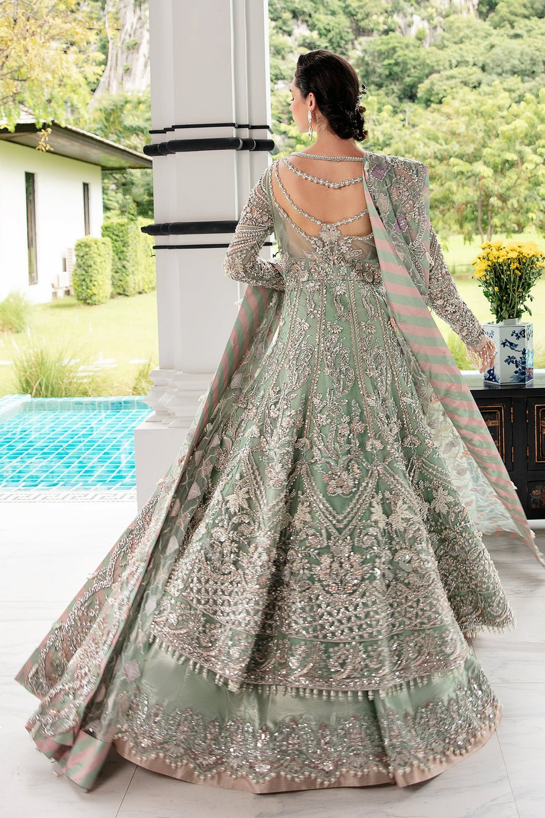 Light Ferozi Pakistani Bridal Dress with Silver Embroidery