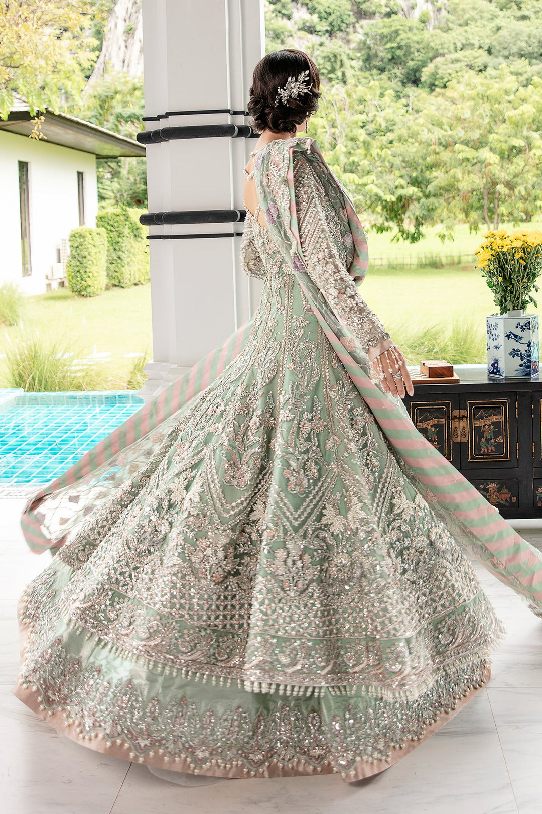Light Ferozi Pakistani Bridal Dress with Silver Embroidery