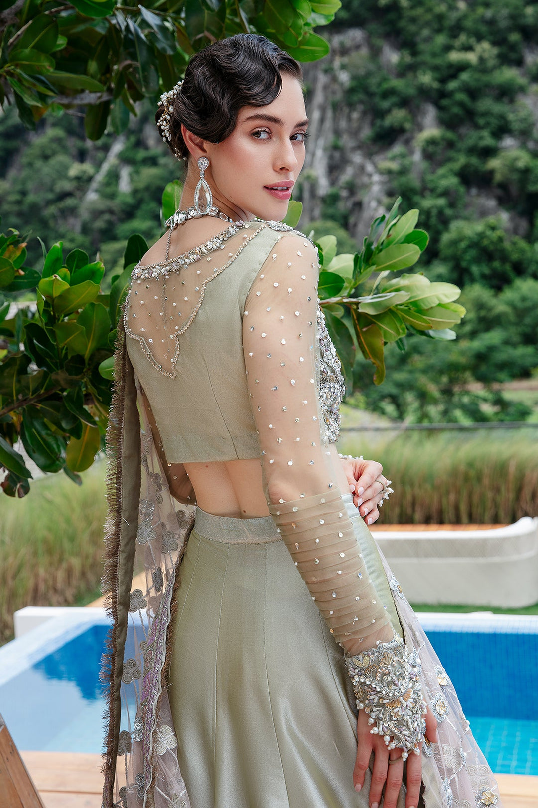 Elysian Mint Pakistani Bridal Dress with Tulle Dupatta
