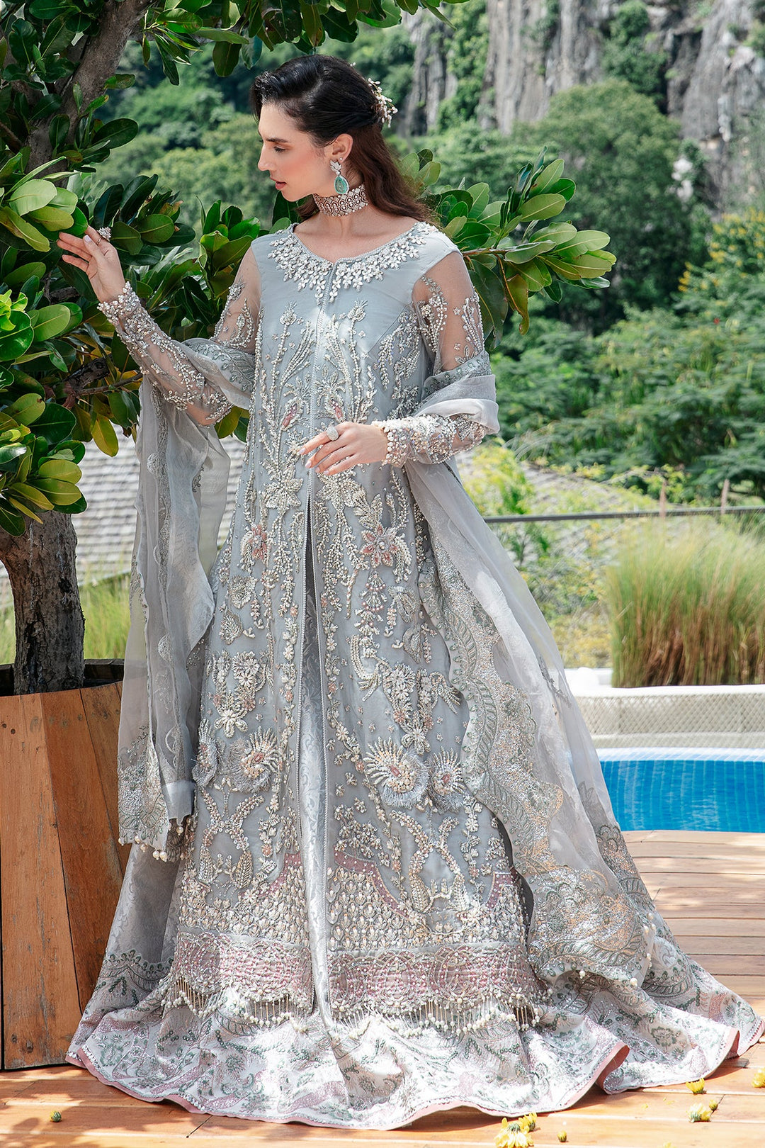 Elegant Pakistani Bridal Dress in Silver Grey Shade