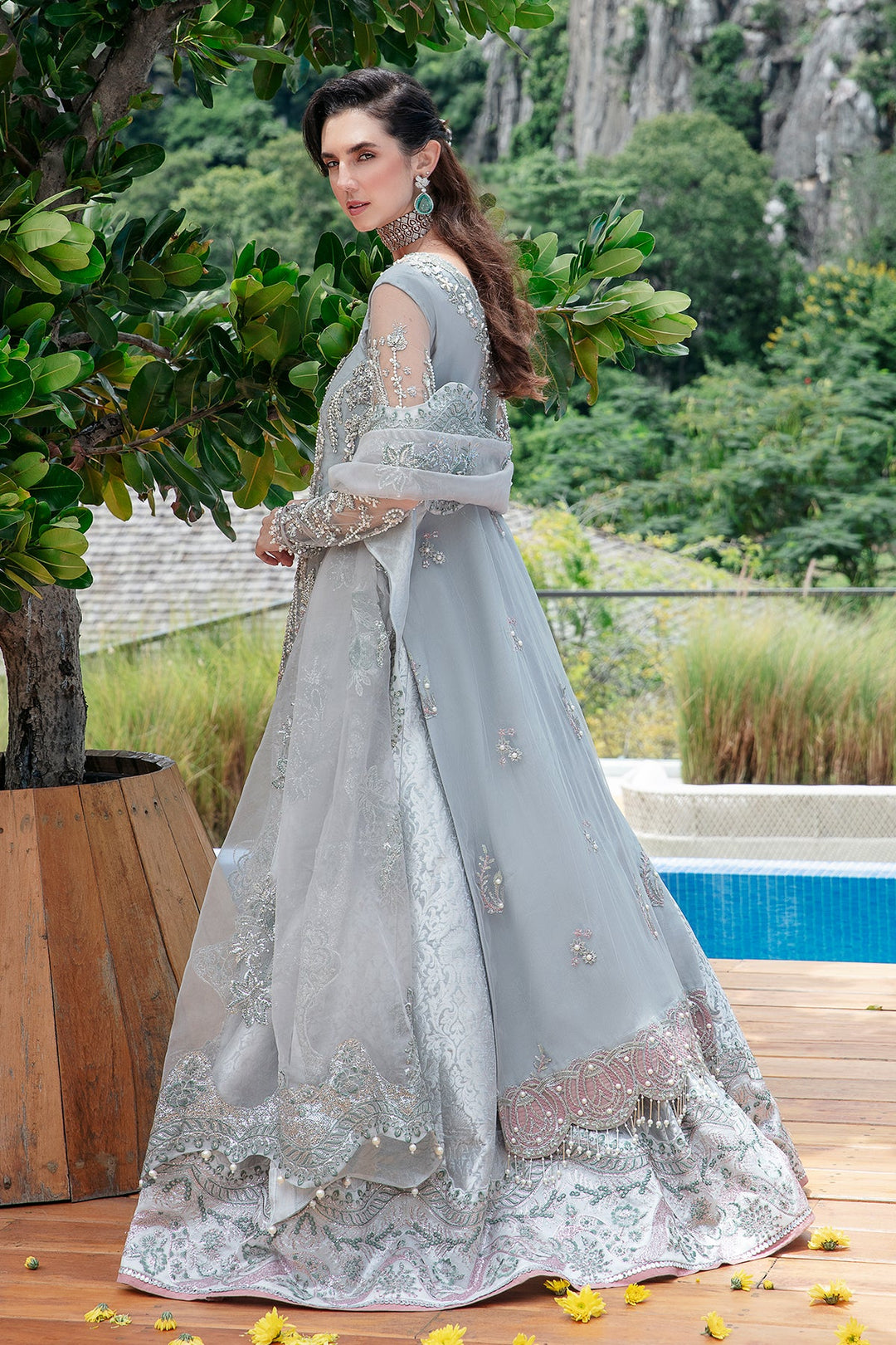 grey wedding dress pakistani Silver Grey Bridal Maxi Gown: Pakistani Wedding Reception Dress