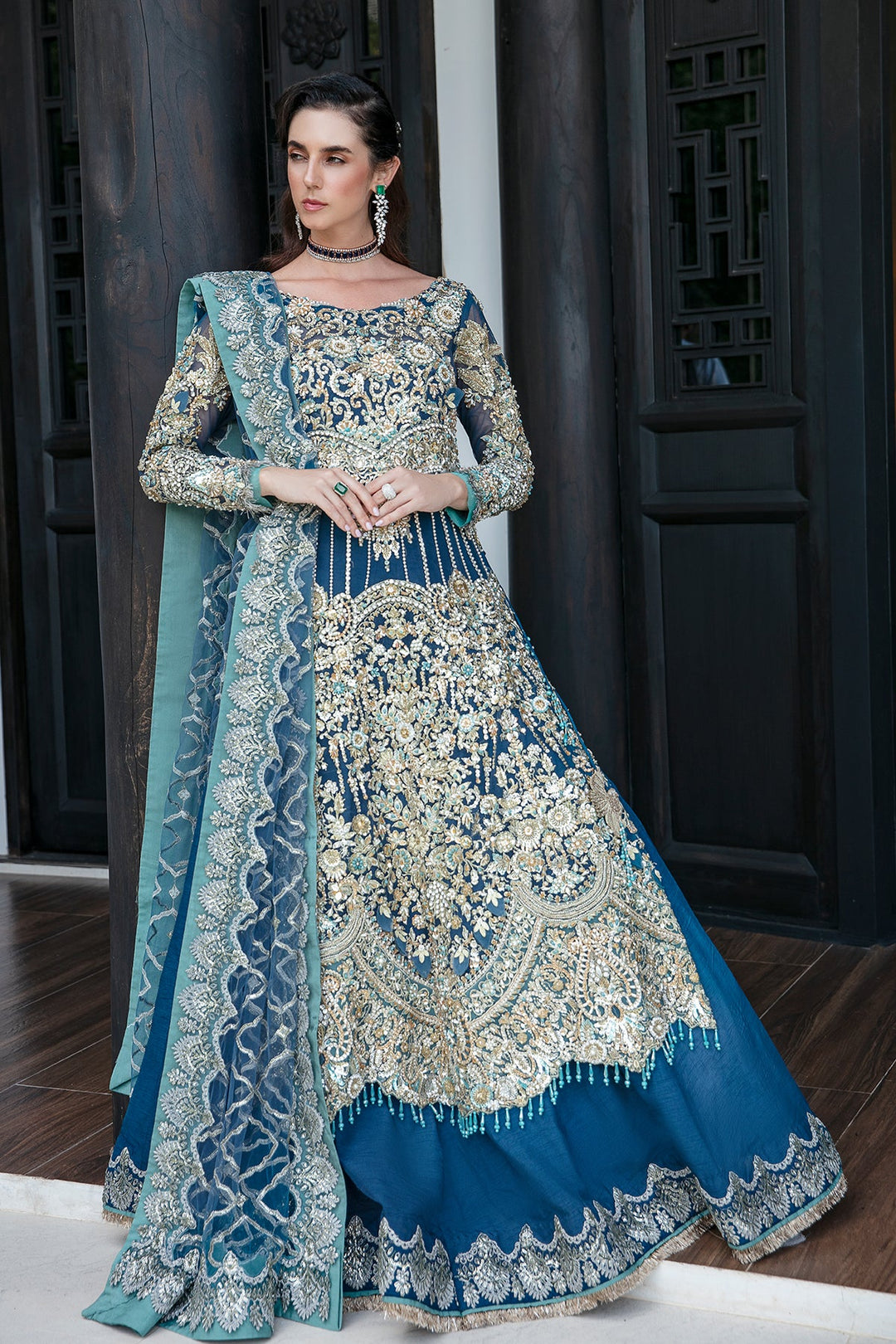 Elegant Teal Blue Pakistani Bridal Dress for Weddings XLarge