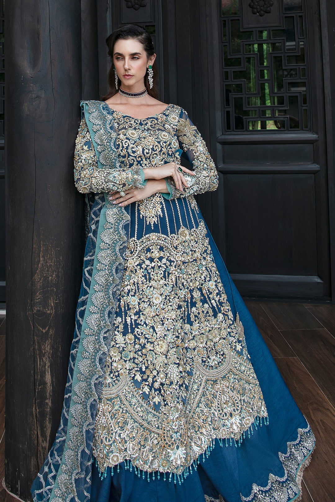 Elegant Teal Blue Pakistani Bridal Dress with Embellishments
