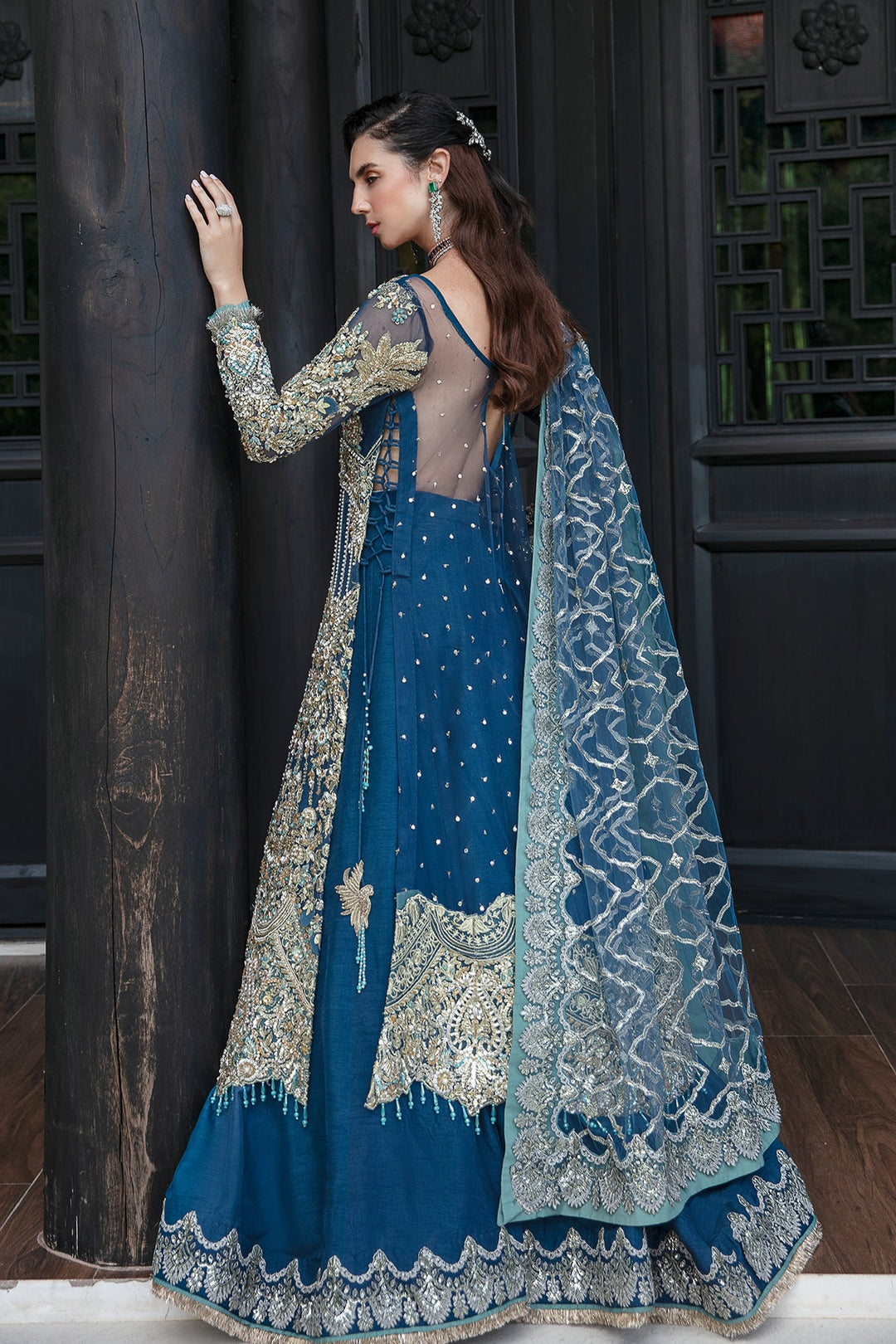 Elegant Teal Blue Pakistani Bridal Dress with Embellishments