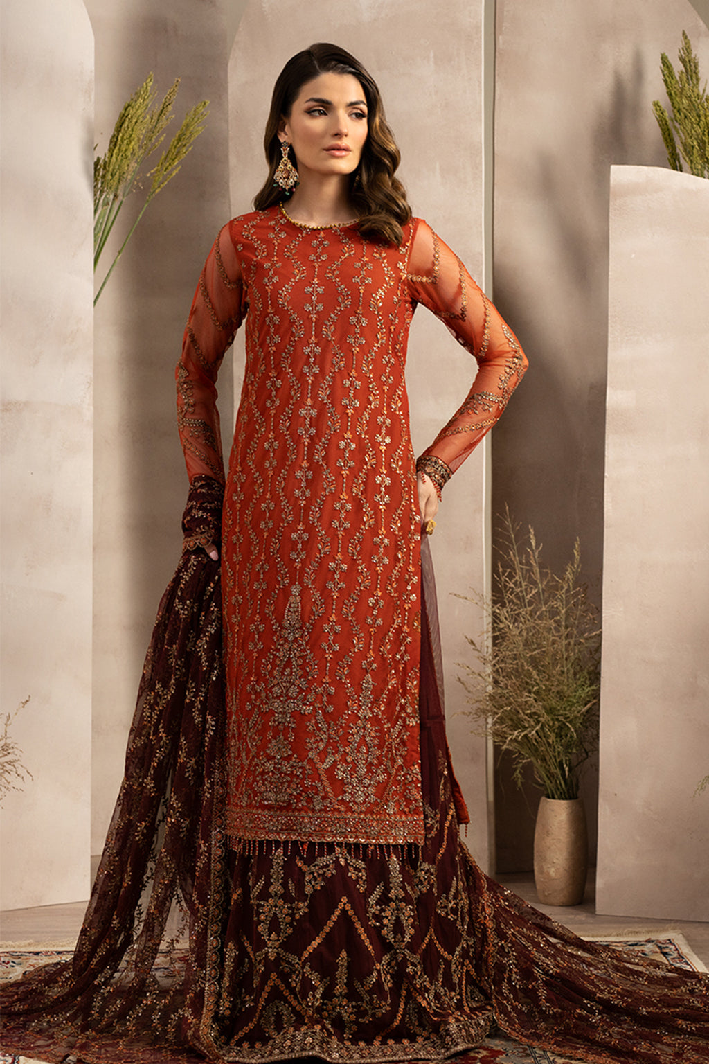 Elegant Sequins Embroidered Net Dress with Gharara